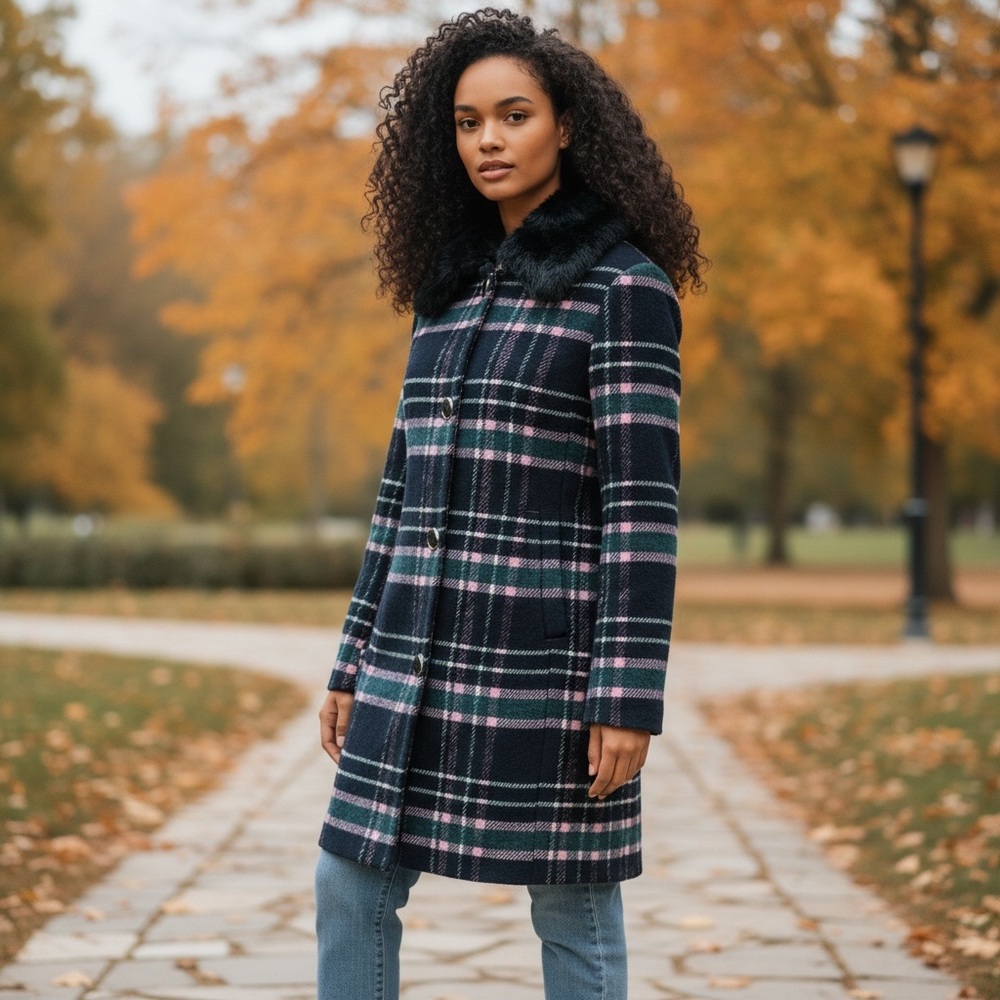 Kate Spade Coat Plaid Faux Fur Removable Collar Hand Pockets women’s XS EUC